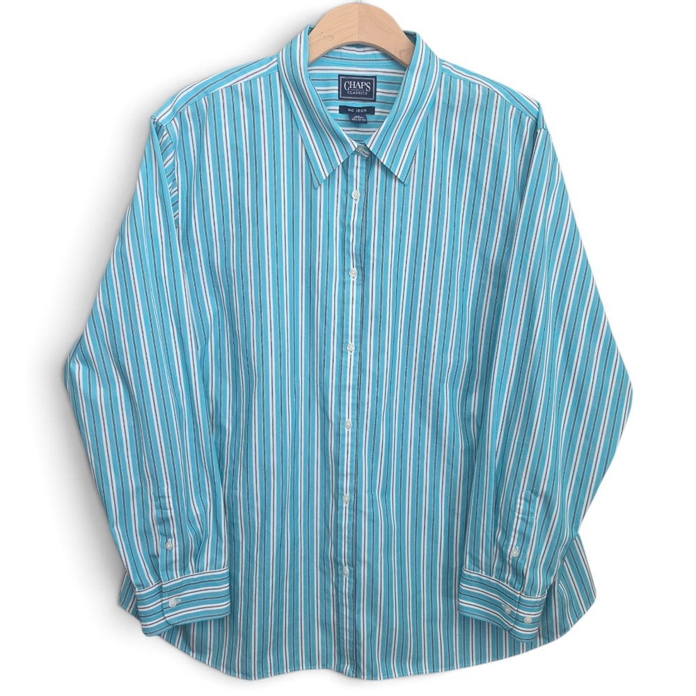 Chaps Top Womens Plus 3X Blue Striped Button Long Sleeve Blouse Cotton No Iron